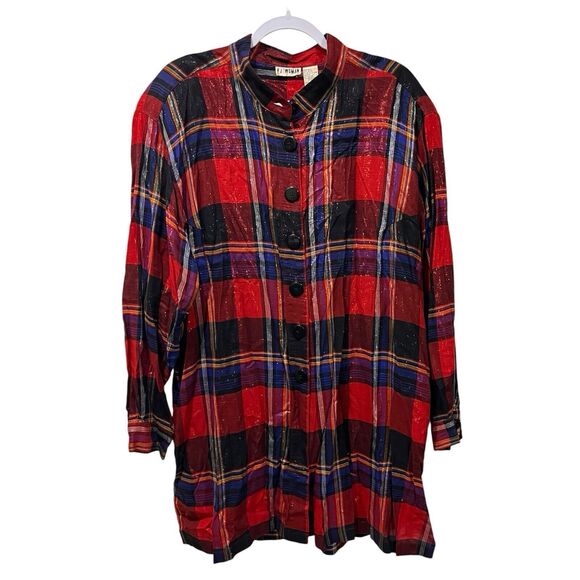VJ Woman Tunic Top Plaid Metallic Yarn Size 24W Red Blue Vintage Button Up - Picture 1 of 5